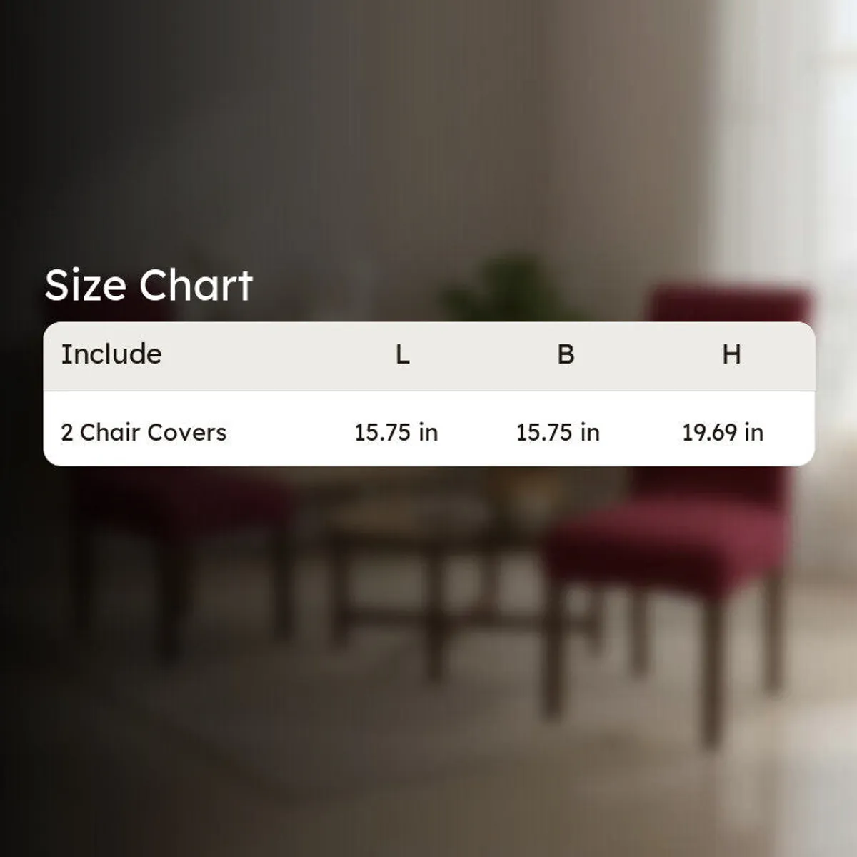 Maroon chair covers shown in a styled dining setting with size chart overlay