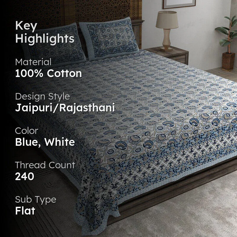 Lineo Cotton Bedsheet (Blue,White) - 240 TC media 2