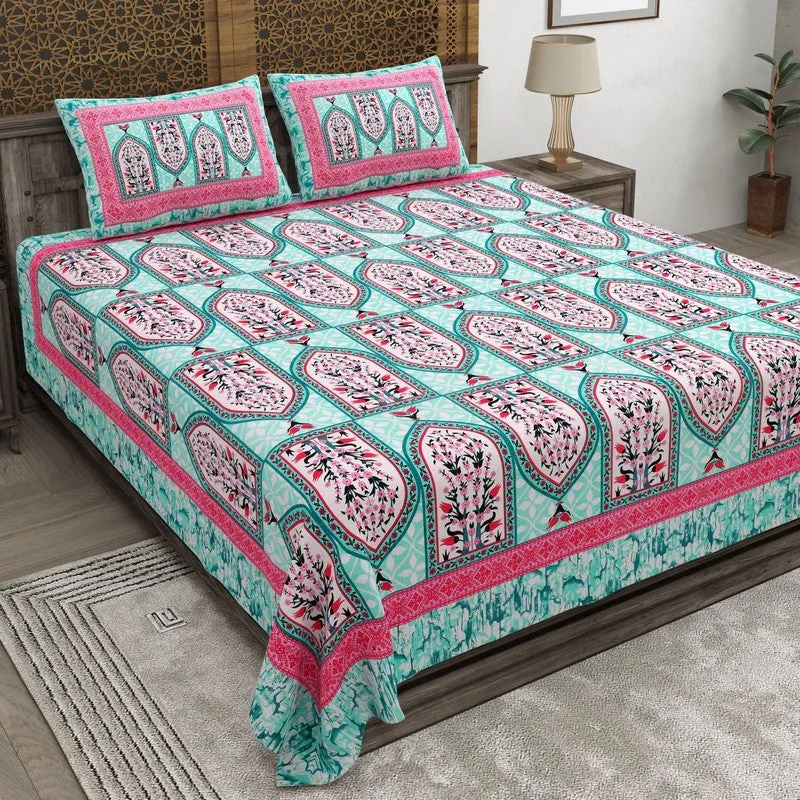 Rangza Cotton Bedsheet (Green,Pink) - 240 TC media 1
