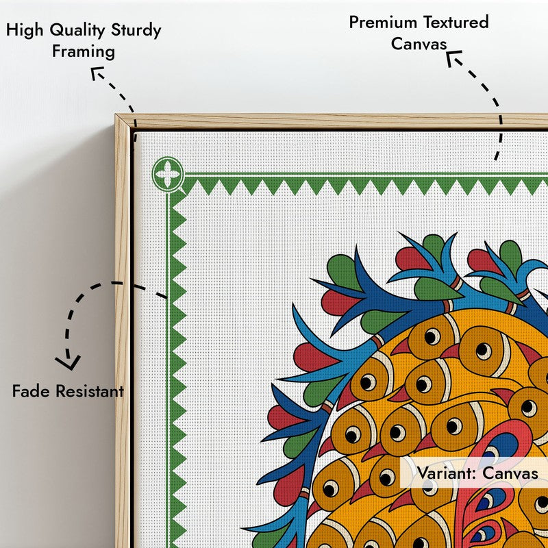 Royal Peacock Framed Madhubhani Canvas Archival Canvas Wall Painting - Natural Brown Frame media 7