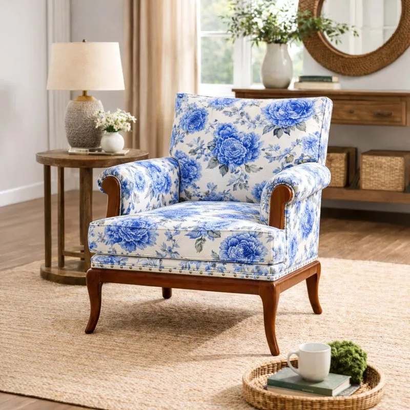Yutaka Teak Wood & Velvet Lounge Chair media 1