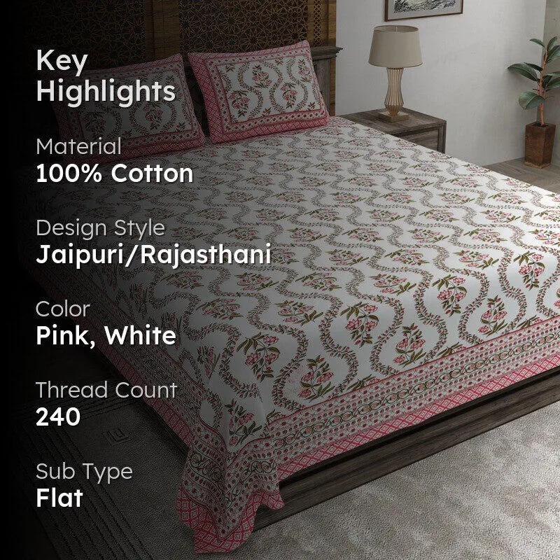 Griden Cotton Bedsheet (Pink,White) - 240 TC media 2