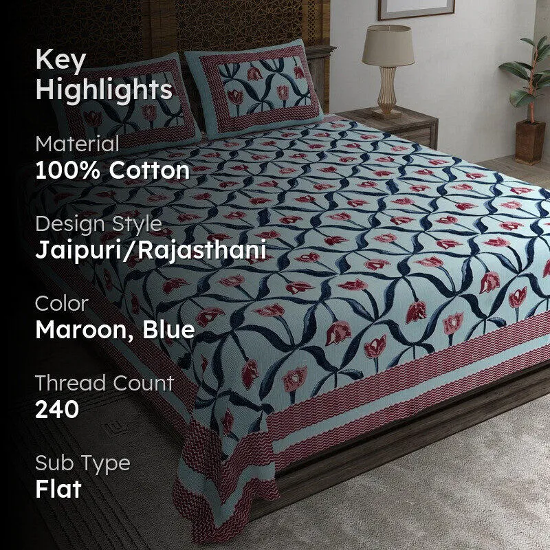 Patternus Cotton Bedsheet (Maroon,Blue) - 240 TC media 2