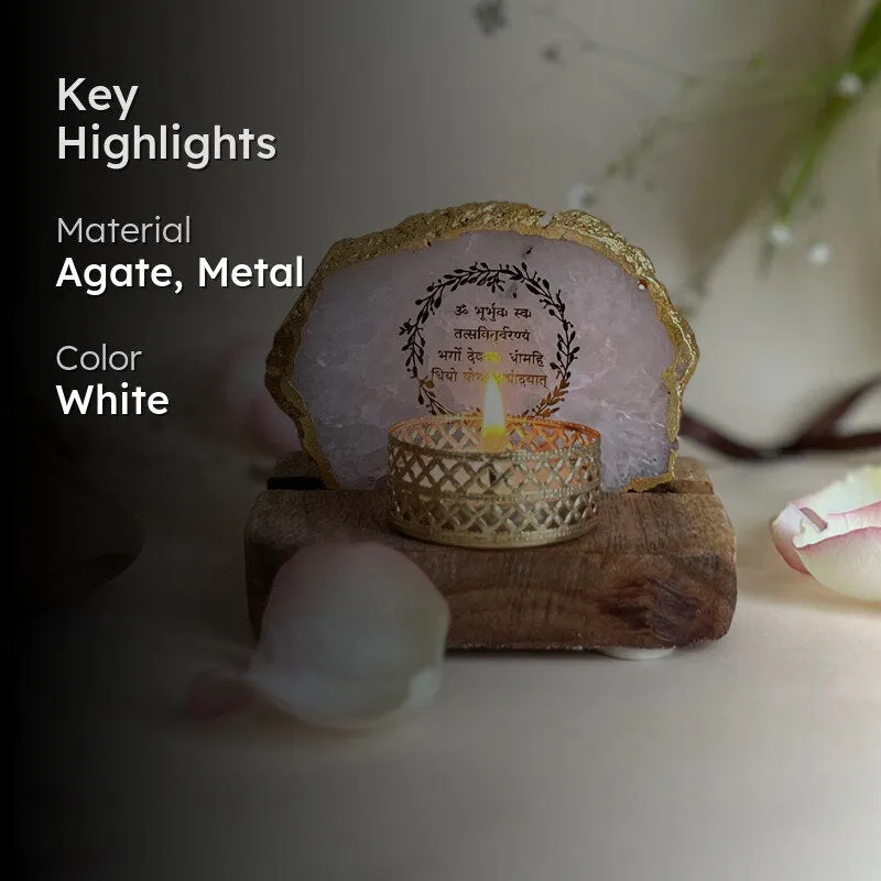 Gayathri Mantra Handcrafted Agate Religious Accent With Tealight Candle Holder - White media 2