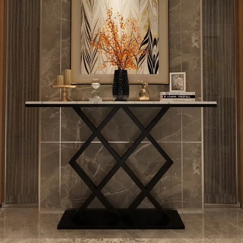 X Rhombus Metal Console Table with Mrable Top - Large media 1