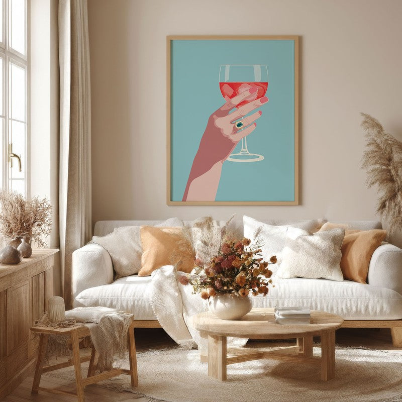Roselle Elegant Wine Glass Illustration Canvas Wall Painting With Brown Frame