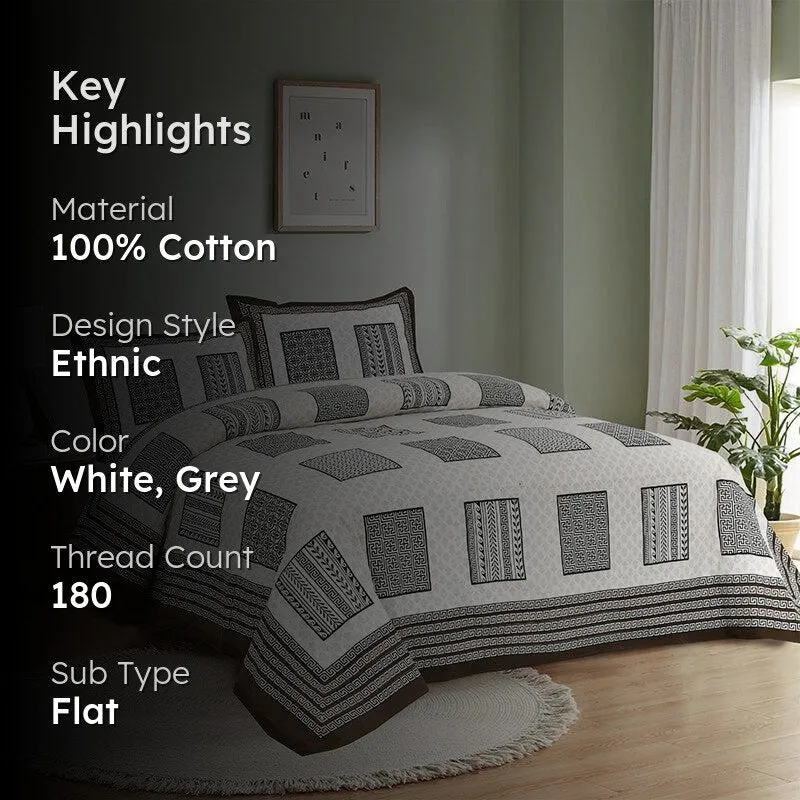 Truptii Printed Cotton Bedsheet (White,Grey) - 180 TC media 2
