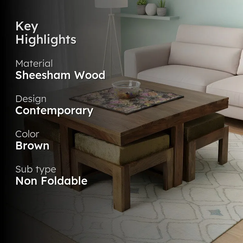 Evrino Sheesham Wooden Center Table with Stools and Cushions (Brown,Gold) - Nine Piece Set media 2