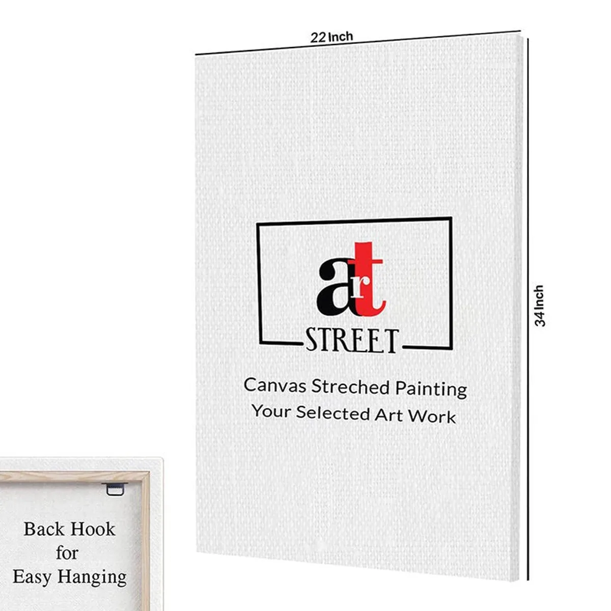 Back view of a stretched canvas with branding printed on the reverse