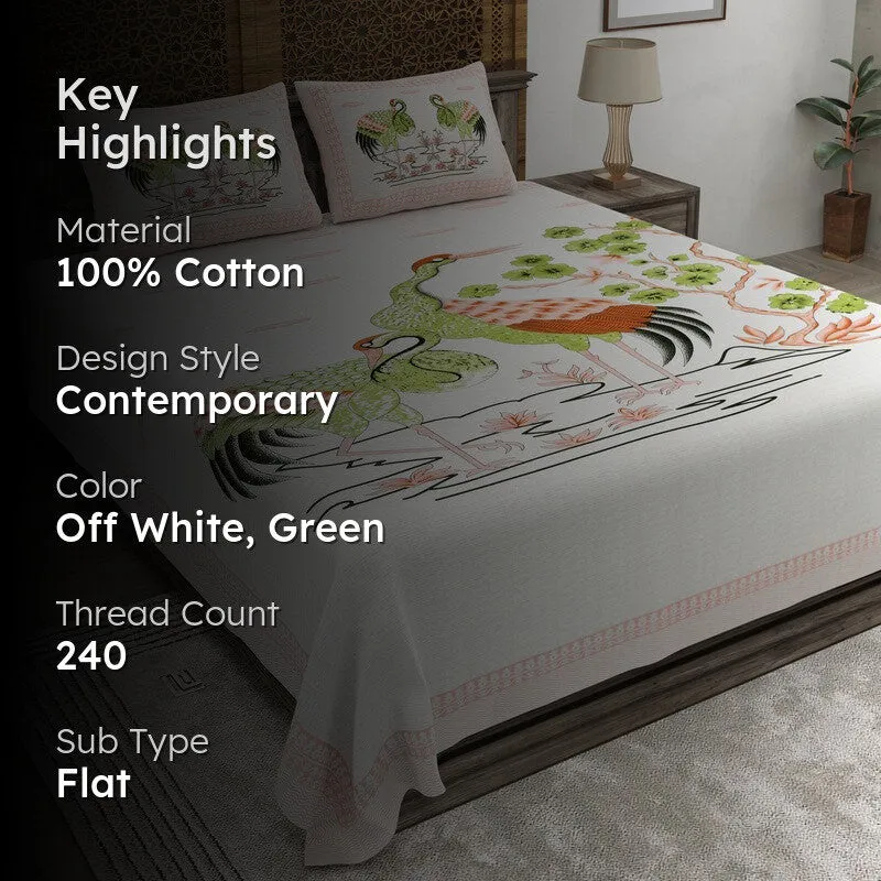 Classica Cotton Bedsheet (Off White,Green) - 240 TC media 2