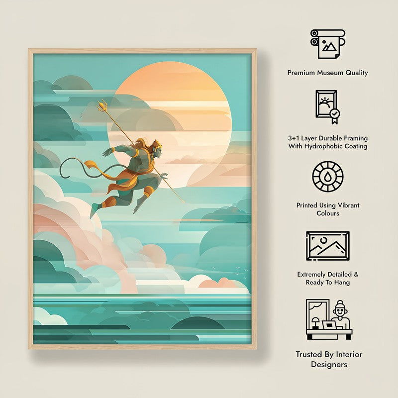 Powerful Hanuman Ji Flying Scene Archival Paper Wall Art - Natural Brown Frame media 8