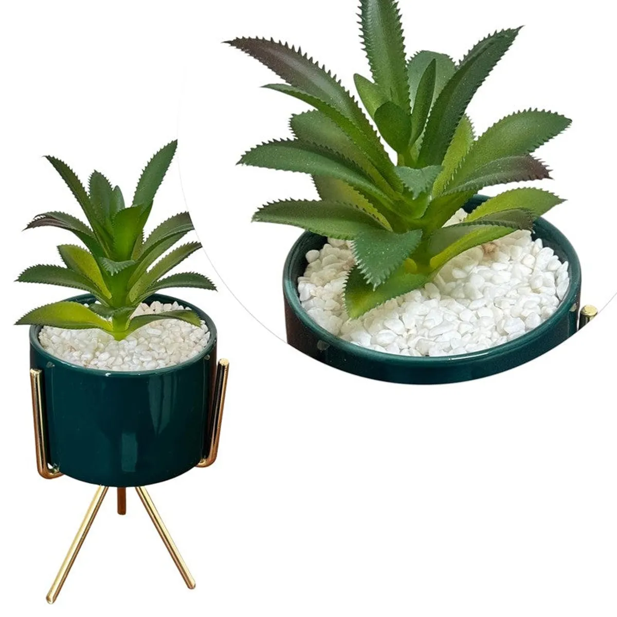 Close-up collage showing the artificial plant, white decorative pebbles and planter