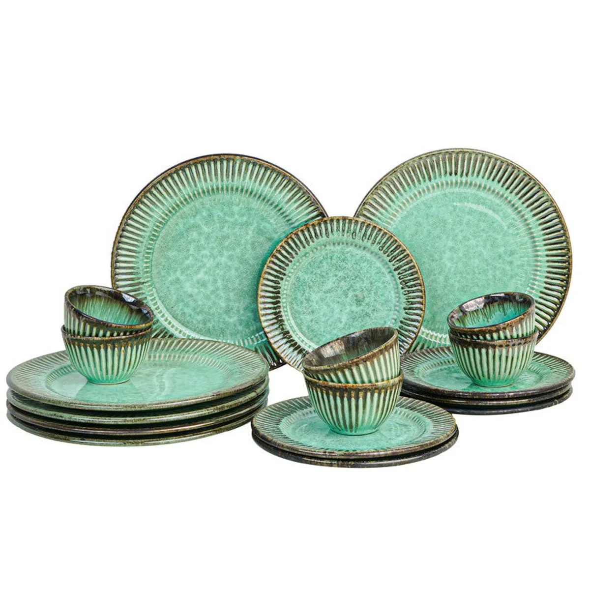 Green ceramic dinnerware set with stacked plates and matching ribbed bowls