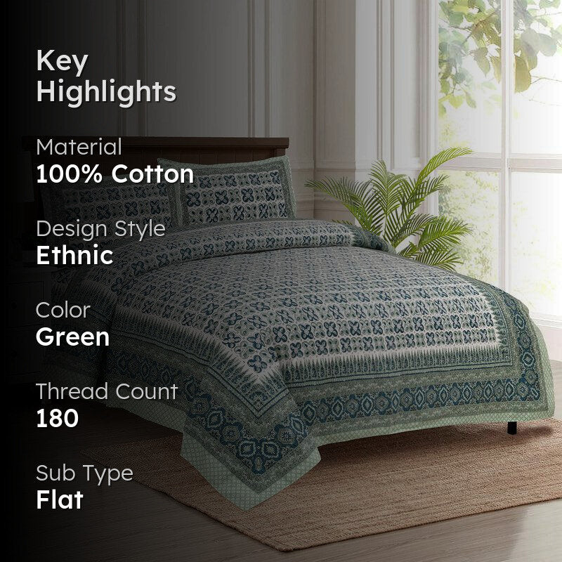 Murti Ethnic Cotton Bedsheet (Green) - 180 TC media 2