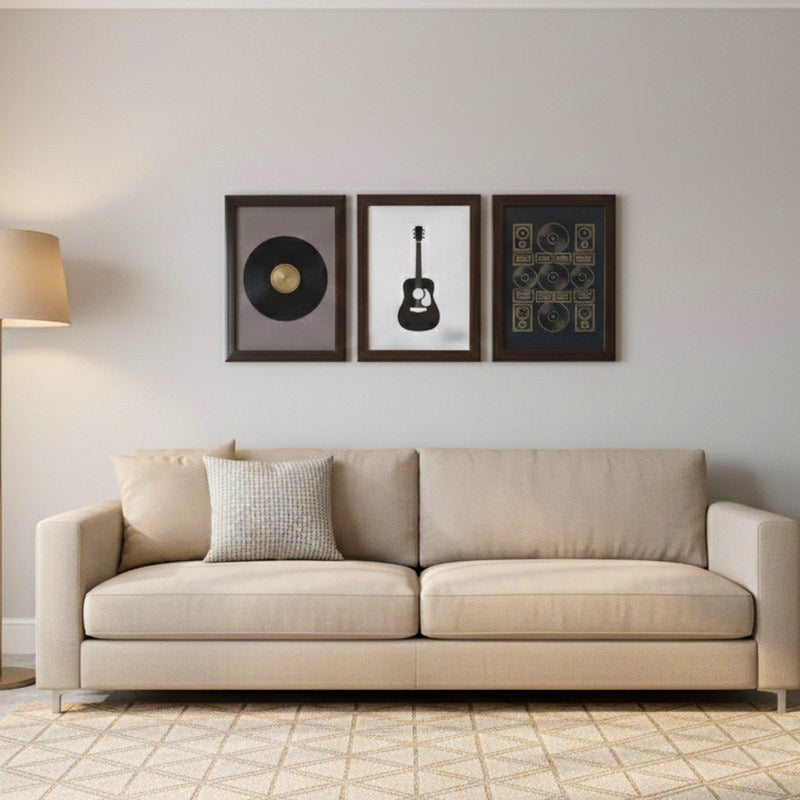 Vinyl Record & Guitar Wall Painting With Frame - Set Of Three