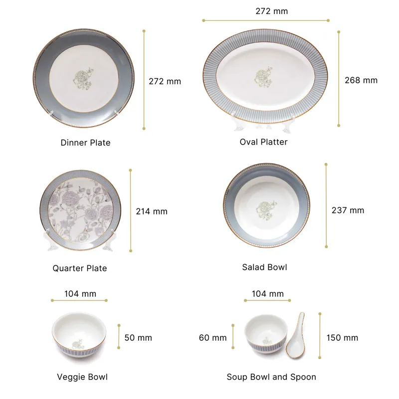 Gilded Iris 24k Gold Brushed Porcelain Dinner Set (Grey) - 33 Piece Set media 15