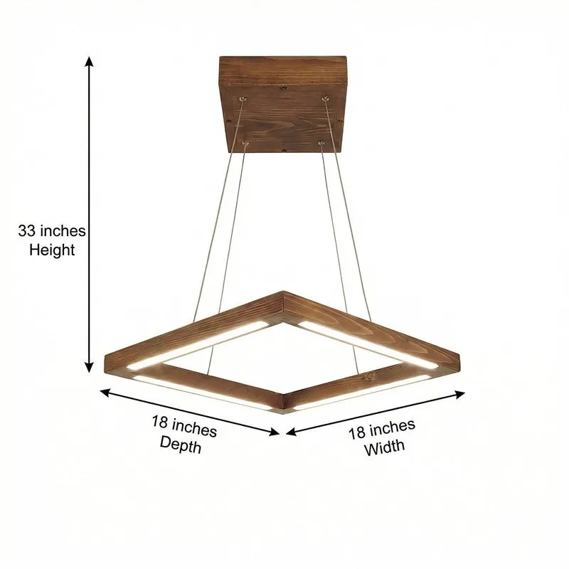 Square wooden LED ceiling lamp shown with dimension arrows and labels