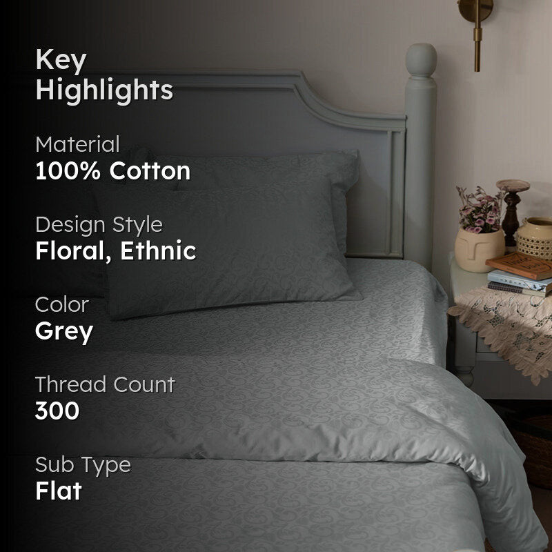 Coral Bloom Jacquard Cotton Bedsheet (Light Grey) - 300 TC media 2