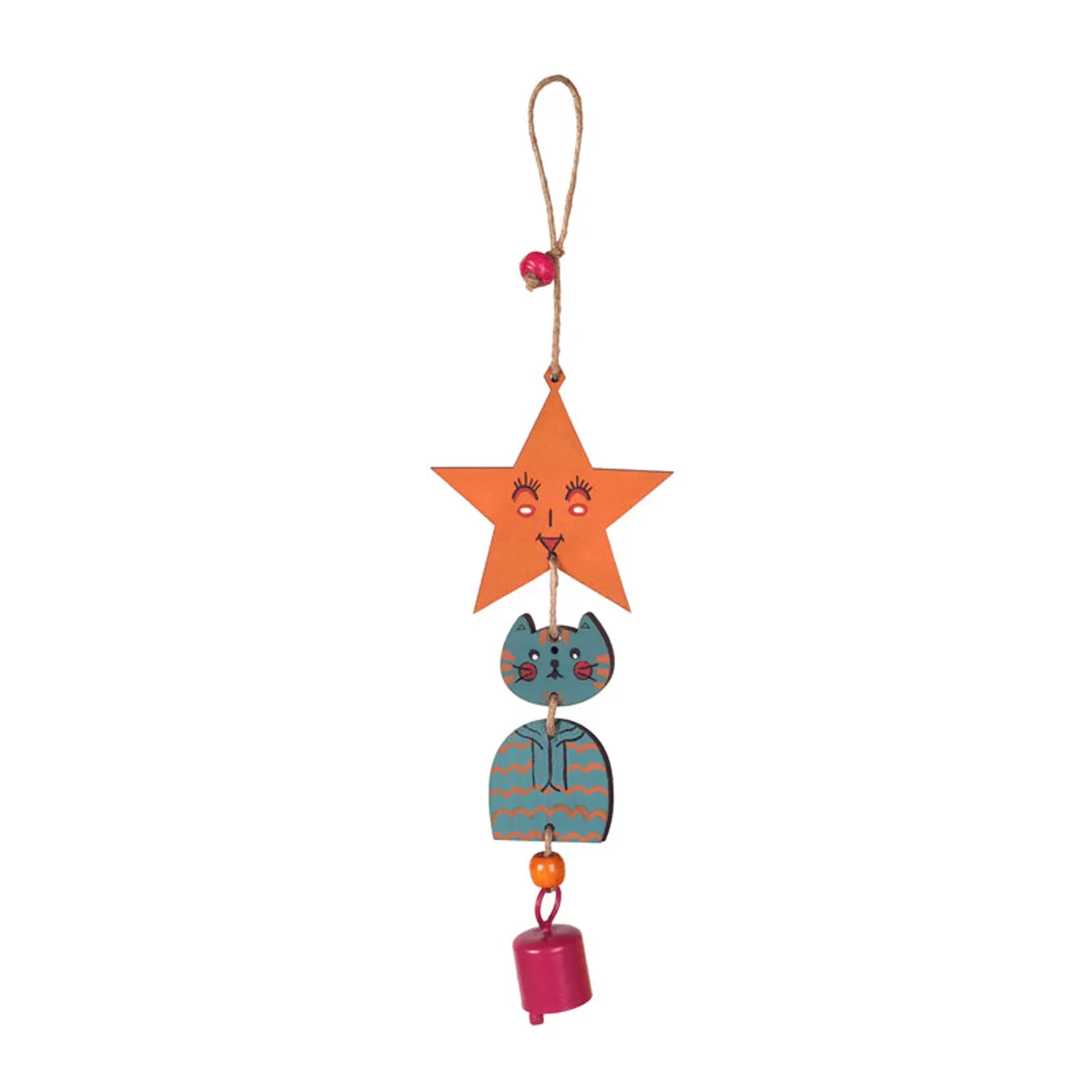 Multicolour kitty windchime with an orange star, blue cat and pink bell
