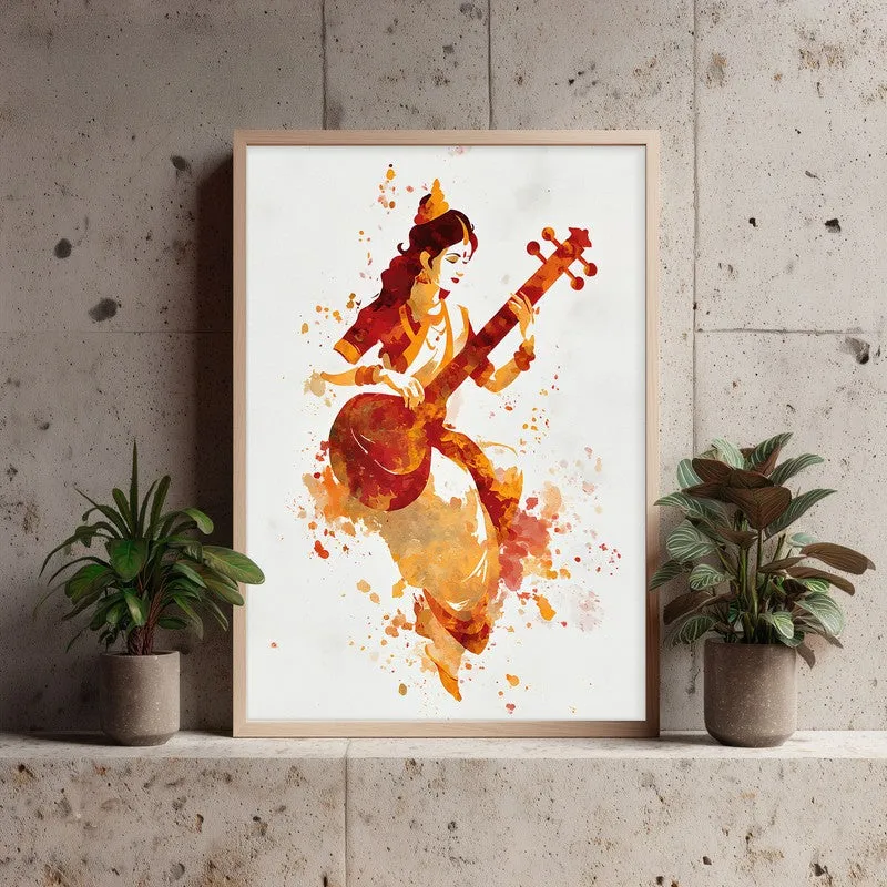 Sri Saraswati Devi Divine Harmony Archival Paper Wall Art - Natural Brown Frame media 3