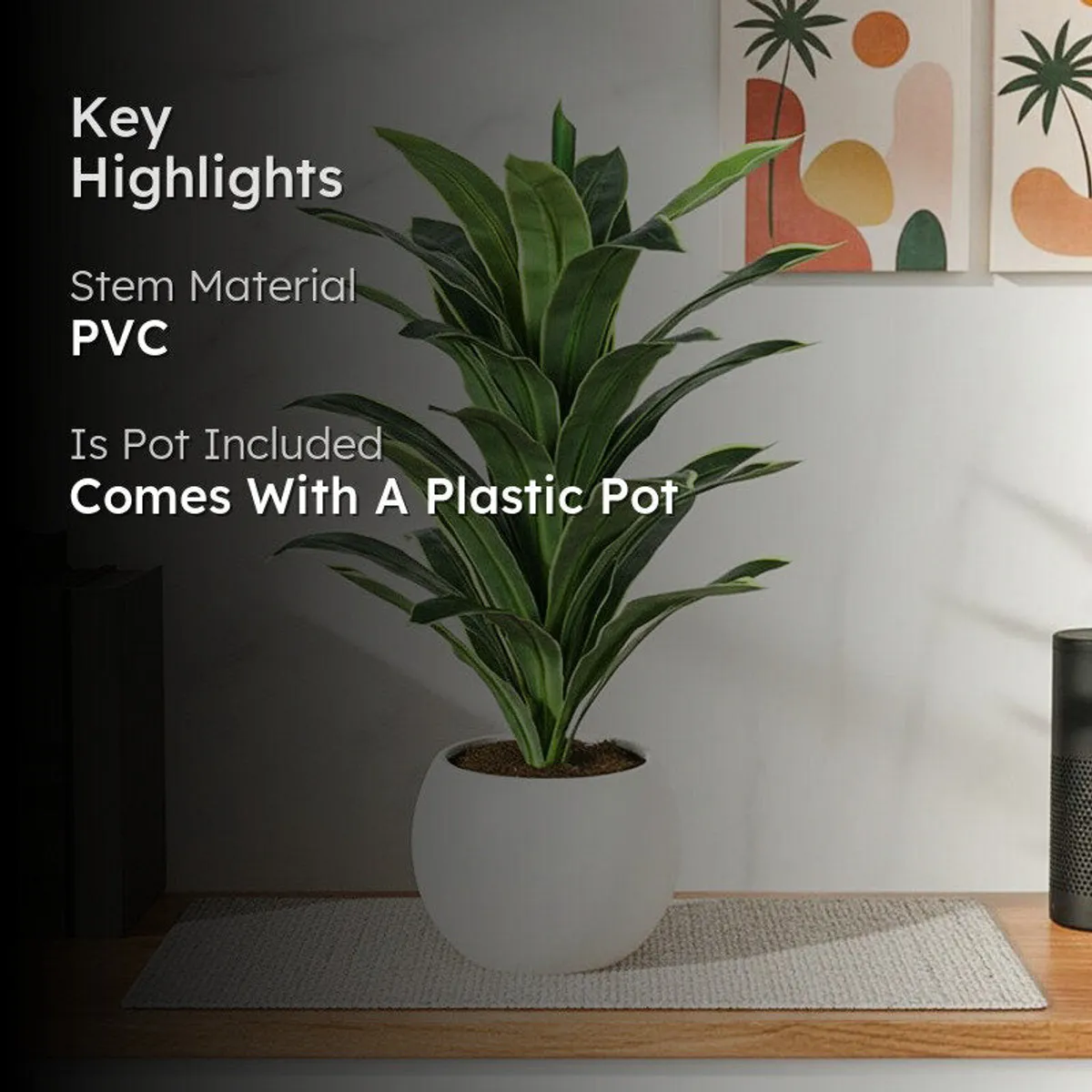 Artificial plant in a black pot with key highlights shown