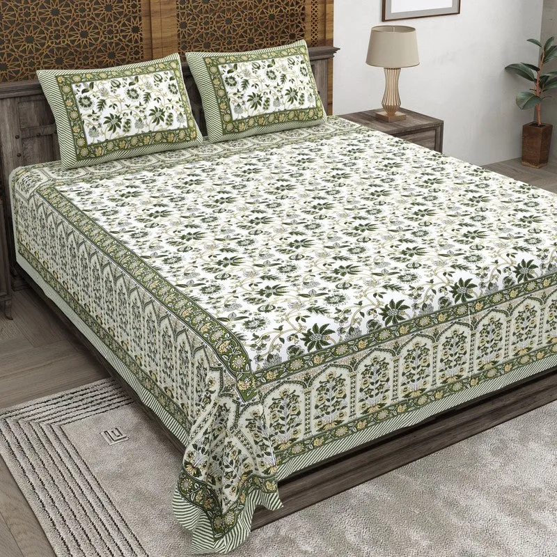 Craftet Cotton Bedsheet (Olive Green,White) - 240 TC media 1
