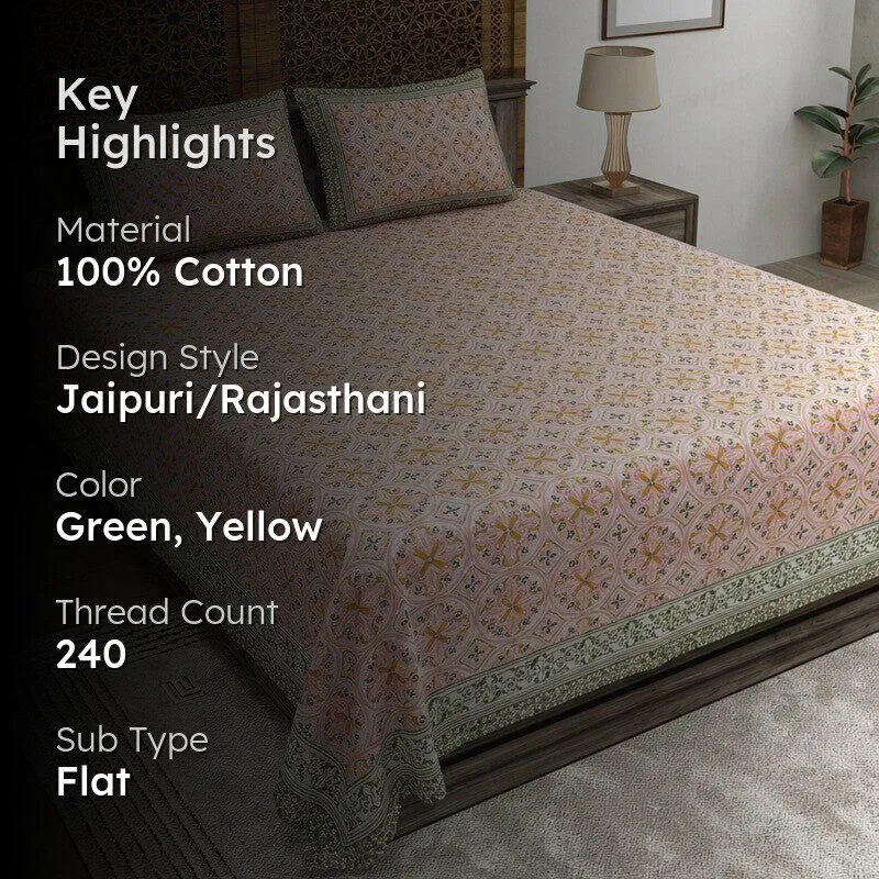 Nesten Cotton Bedsheet (Green Yellow) - 240 TC media 2