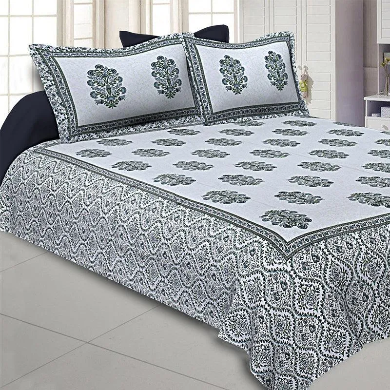 Kruti Ethnic Cotton Bedsheet (White,Green) - 180 TC media 1