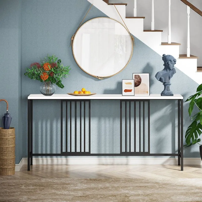 Narrow Long Metal Console Table with White Marble Top (Black) - Medium media 4
