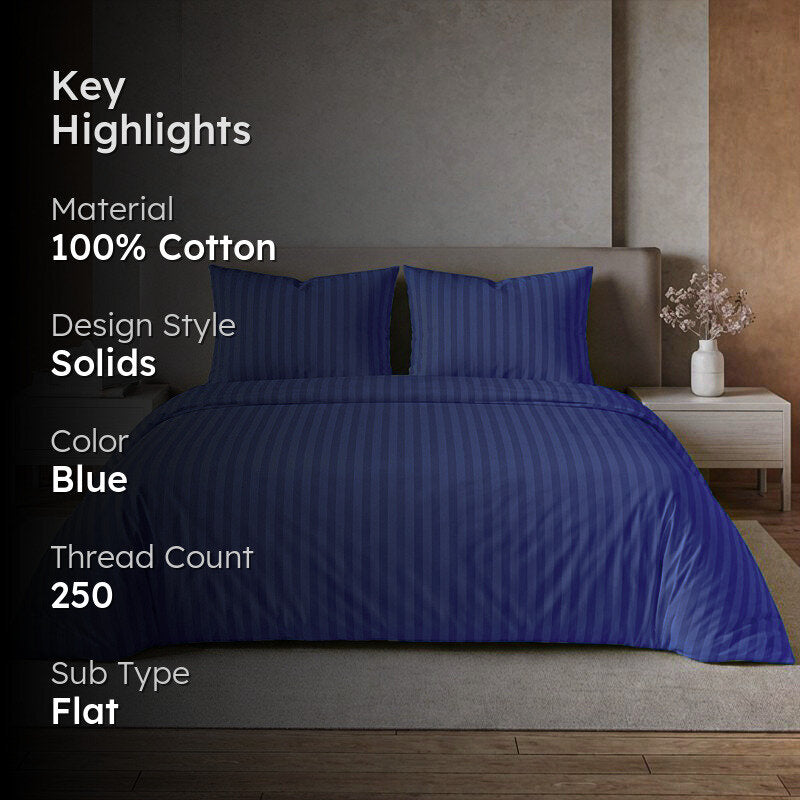 Le Coton Striped Solid Cotton Bedsheet (Dark Blue) - 250 TC media 2