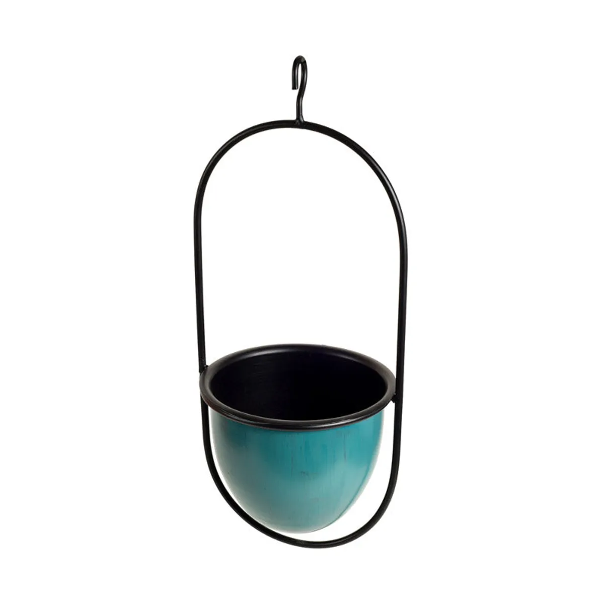 Side view of blue hanging metal planter in black frame