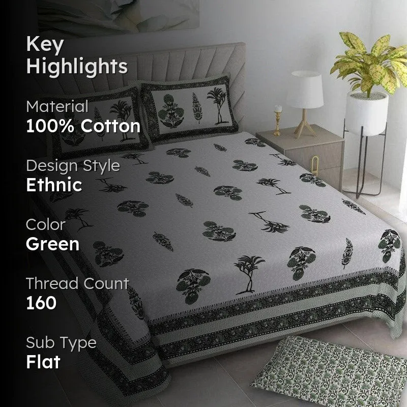 Pamia Ethnic Cotton Bedsheet (Olive Green) - 160 TC media 2