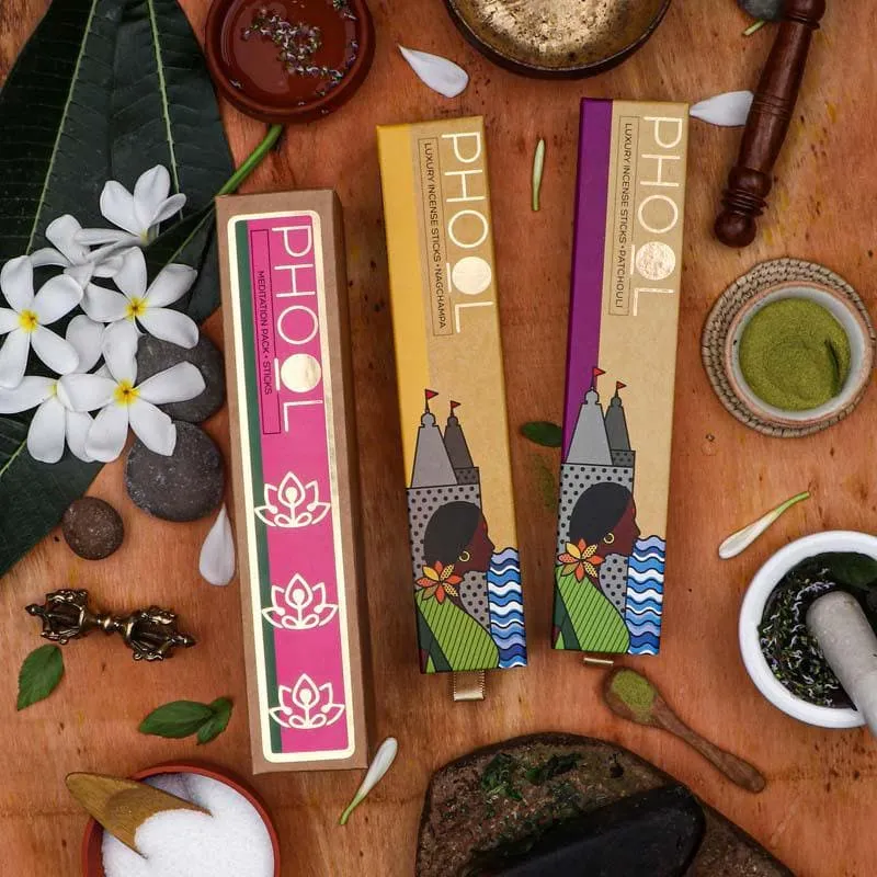 Phool Meditation Combo Pack - Natural Incense Sticks Nagchampa & Patchouli media 1