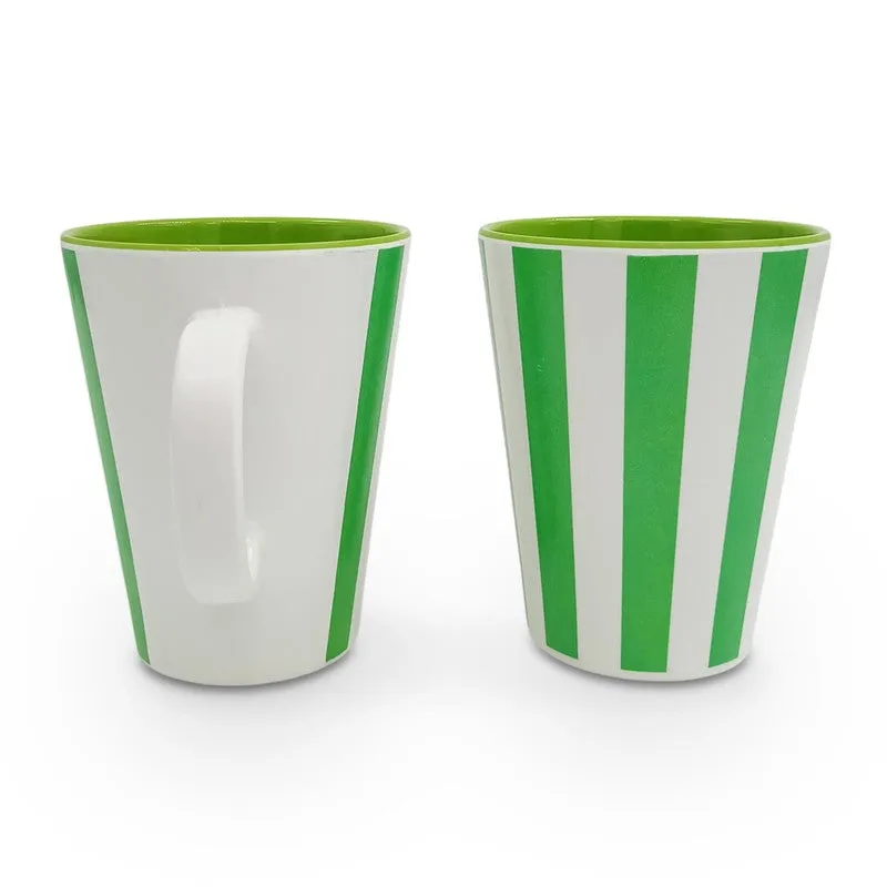 Two green and white striped mugs shown from the front and back