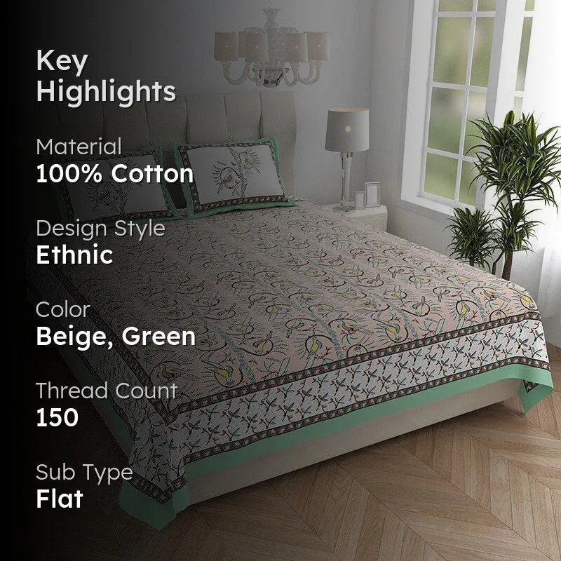 Tara Tranquility Ethnic Cotton Bedsheet (Green & Beige) - 150 TC media 2