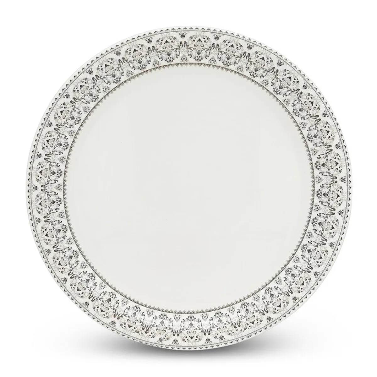 Close-up of a round white plate with an intricate grey decorative border