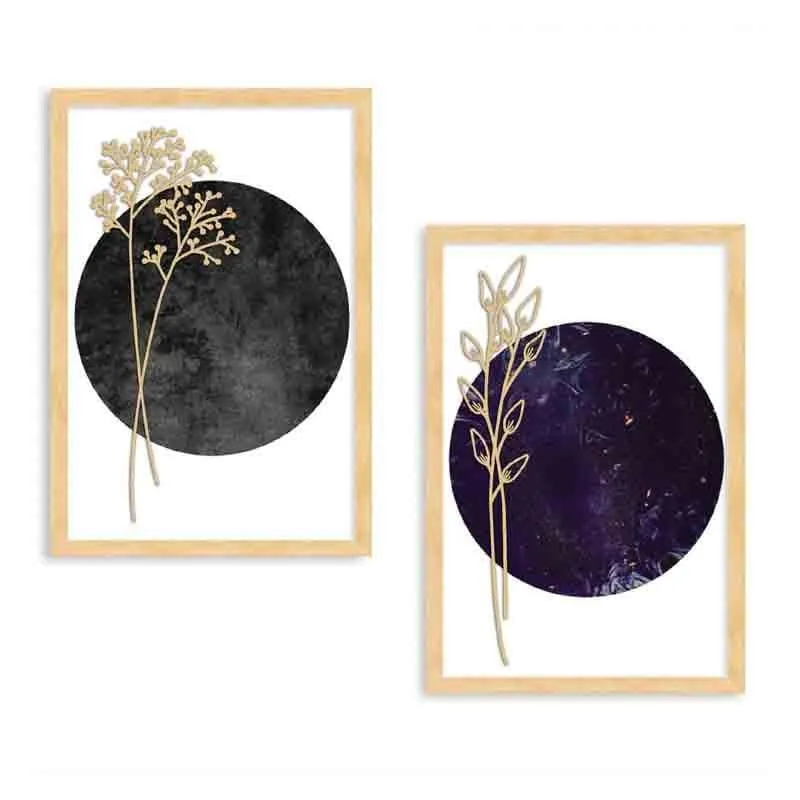 Gold Etched Leaves Wall Art - Set Of Two - Grey/Blue media 3