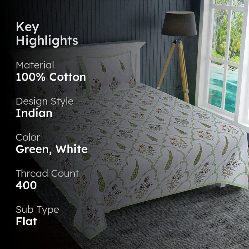 RiwaayatWhite Handblock Printed Cotton Bedsheet (Green) - 400 TC media 2