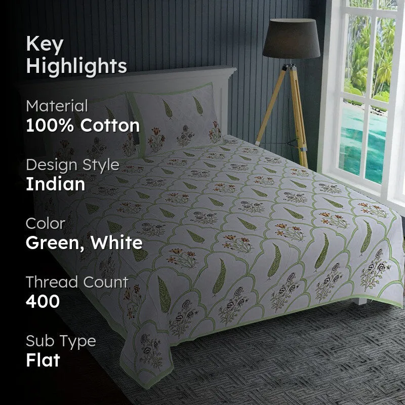 RiwaayatWhite Handblock Printed Cotton Bedsheet (Green) - 400 TC media 2