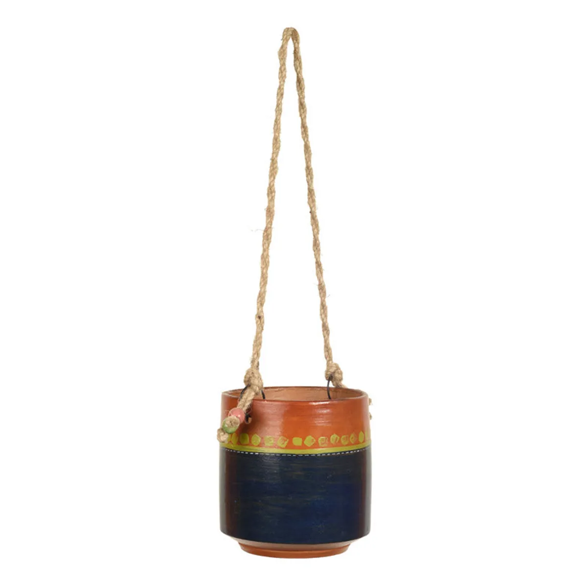Side view of hanging terracotta planter in blue and brown