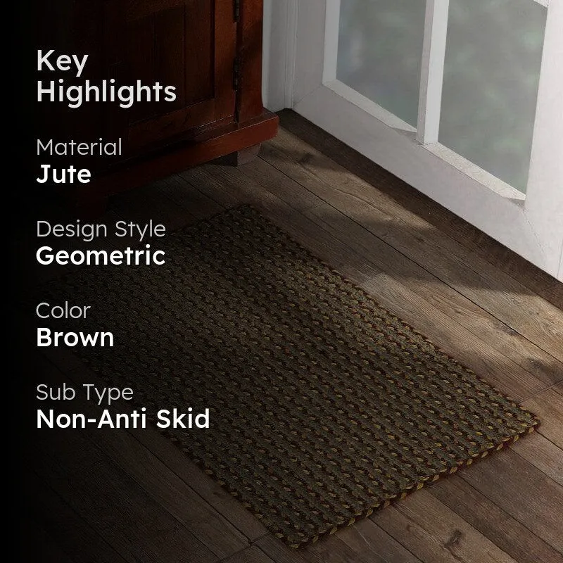 Brown woven bath mat on wooden floor with text overlay highlights