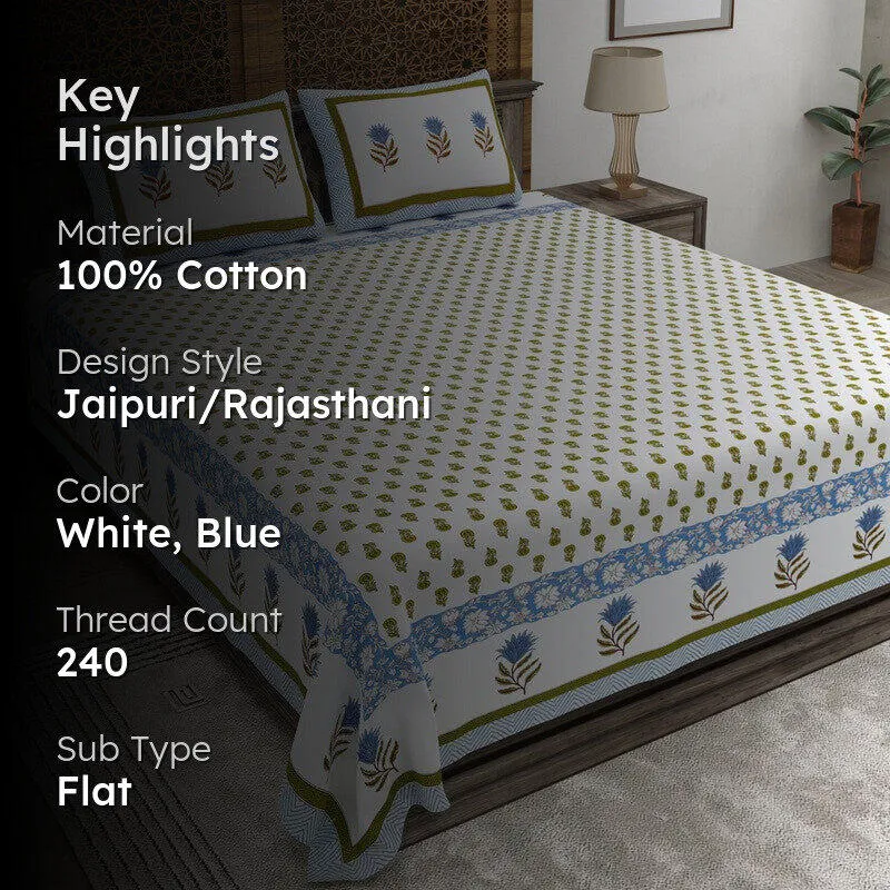 Gardena Cotton Bedsheet (White,Blue) - 240 TC media 2