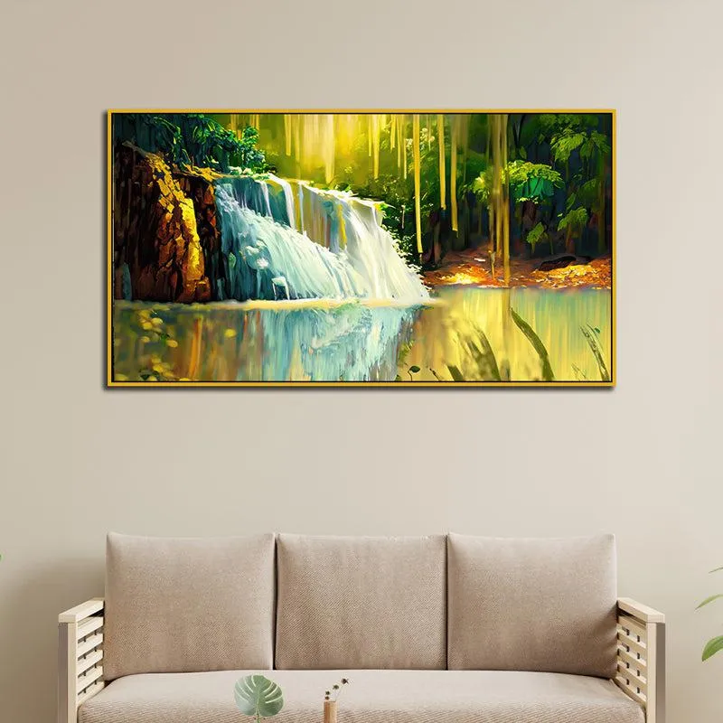 Autumnal Waterfalls Landscape Canvas Wall Painting With Frame - Gold media 3