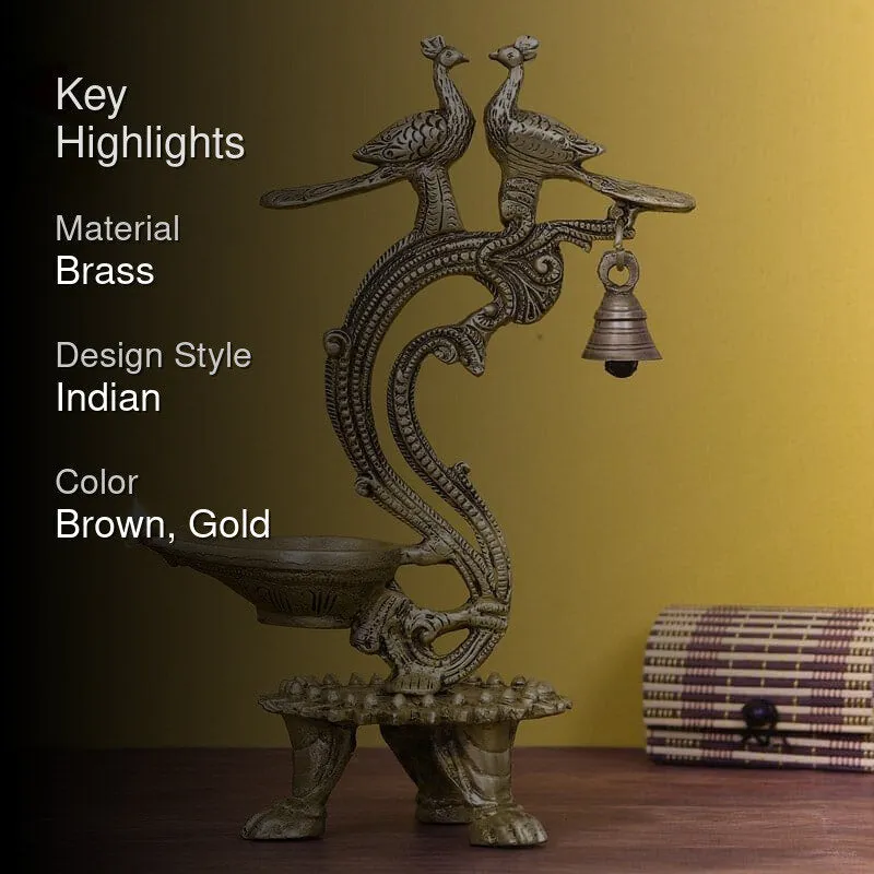 Peacock Couple Brass Diya With Bell - Gold media 2