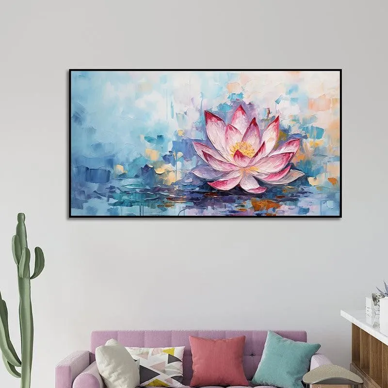 Blushing Water Lily Brushstrokes Floral Canvas Wall Painting With Frame - Black media 1