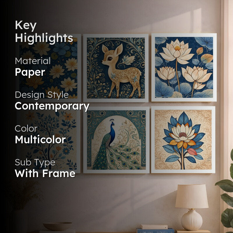 Indigo Vines Paper Wall Painting With Frame - Set Of Six media 2