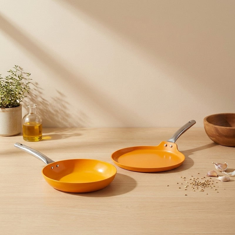Salford Ceramic Forged Non Stick Frypan & Tawa (Mustard Yellow) - Set of Two
