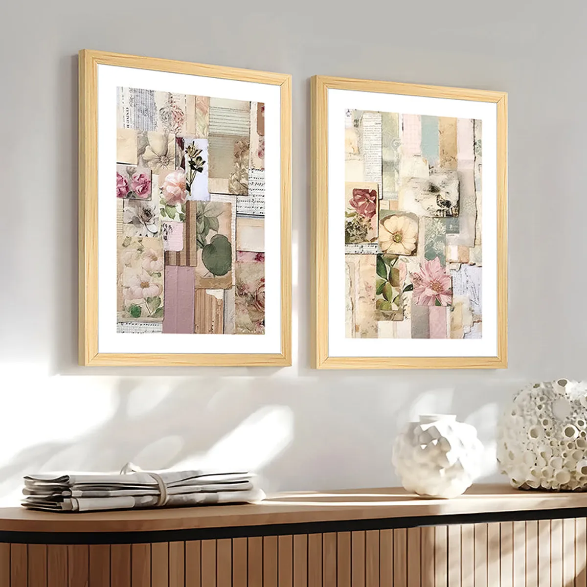 Pair of framed pastel floral collage artworks displayed on a bright wall