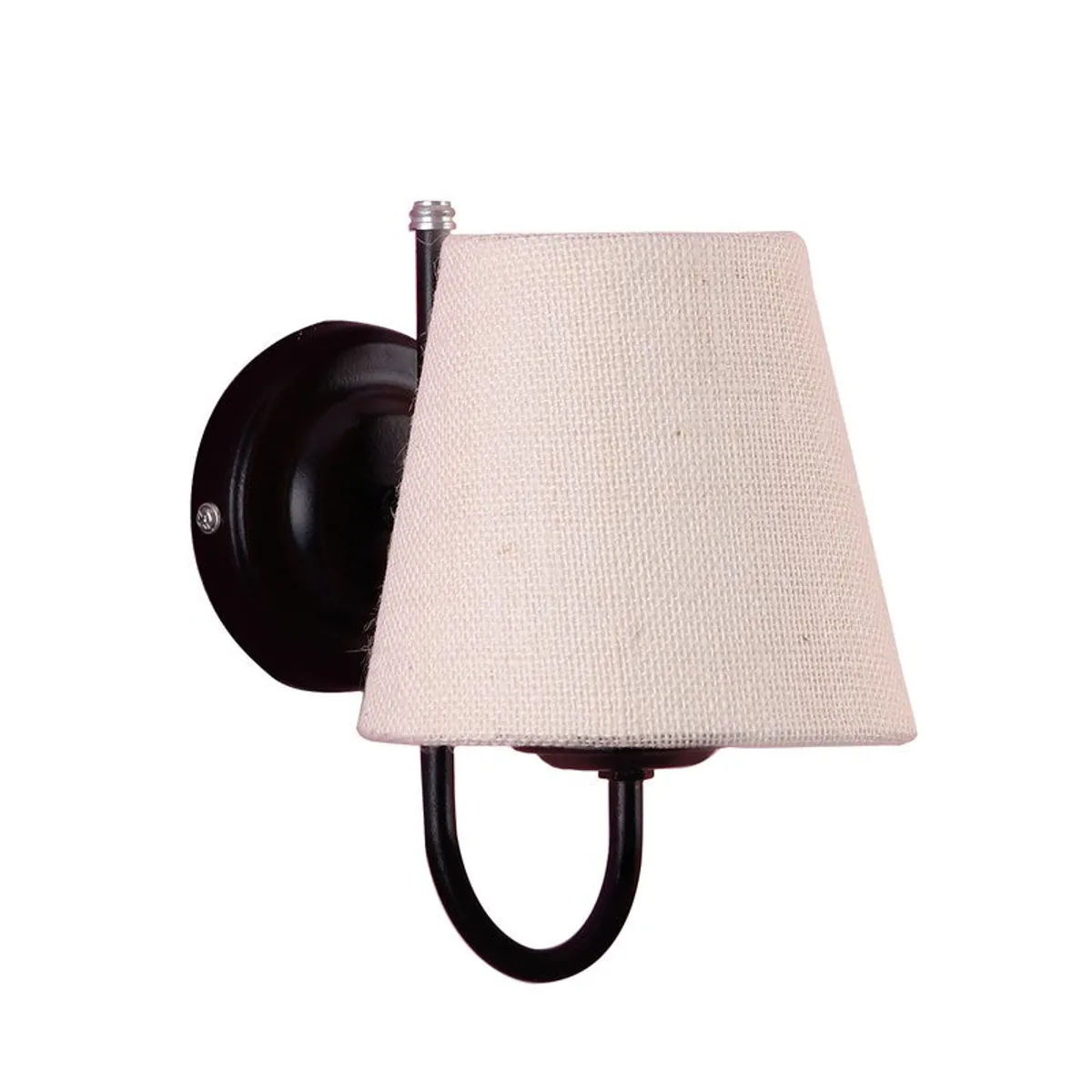 Off-white jute wall lamp with black iron base on a white background
