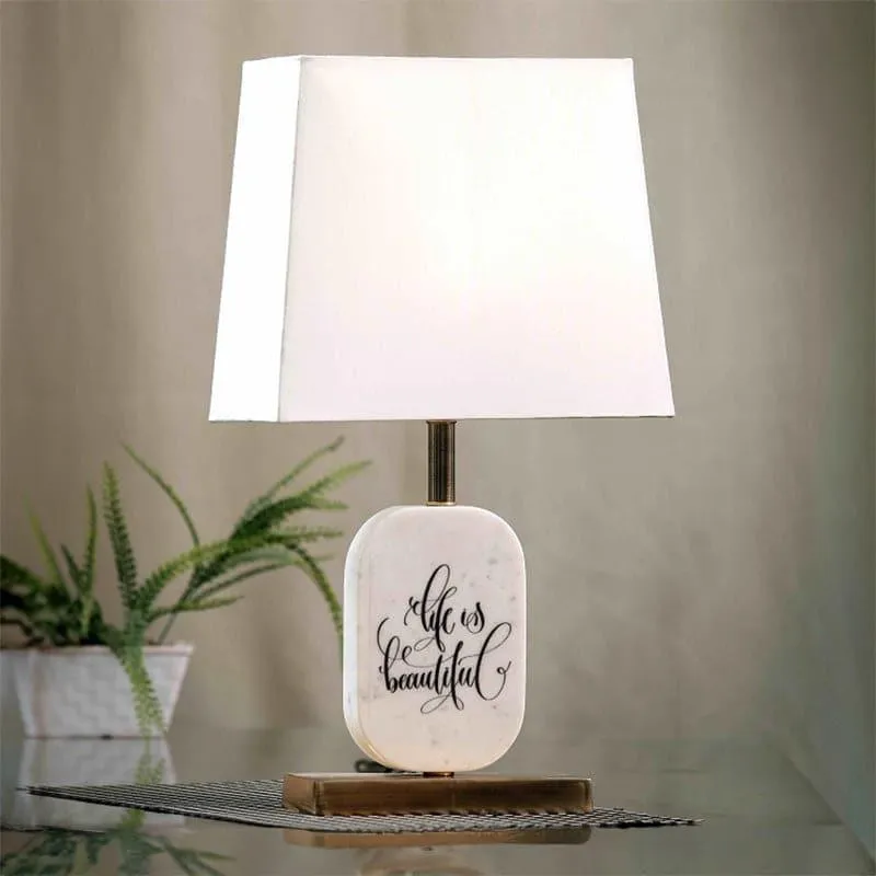 Life Light Printed Marble & Brass Base Fabric Table Lamp - White media 1